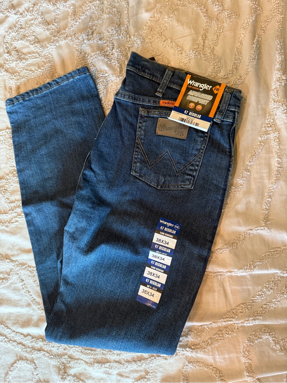Wrangler Men's Dark Blue Straight Leg Jeans. Fire Resistant. 38x34